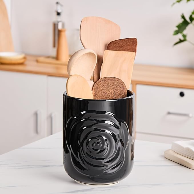 Large Utensil Holder Set of 2, 7.5"+ 5.5" - Ceramic Rose Kitchen Countertop Utensil Crock for Spatulas, Spoons & Cooking Tools, Farmhouse Kitchen Counter Decor, Black