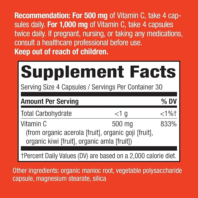 Nature's Way Alive! Vitamin C Supplement Made with Organic Acerola Cherries, Immune Support*, Antioxidant Support*, 100% Fruit Source Vitamin C, 120 Capsules (Packaging May Vary)