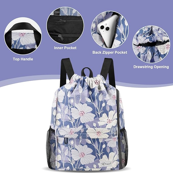 Drawstring Backpack with Mesh Pockets String Gym Bag Sackpack Sandproof Water Resistant Beach Backpack for Men Women