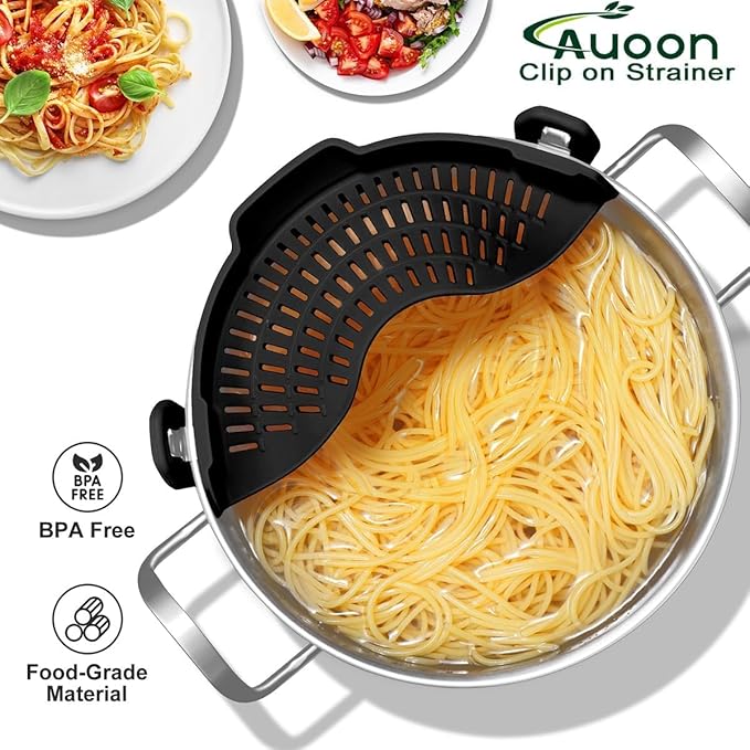 2PACK AUOON Clip on Strainer for All Pots Pans - Silicone Kitchen Colander Food Strainer for Pasta Meat Vegetable Fruits | Easy to Use and Store, Dishwasher Safe (BlackRed)