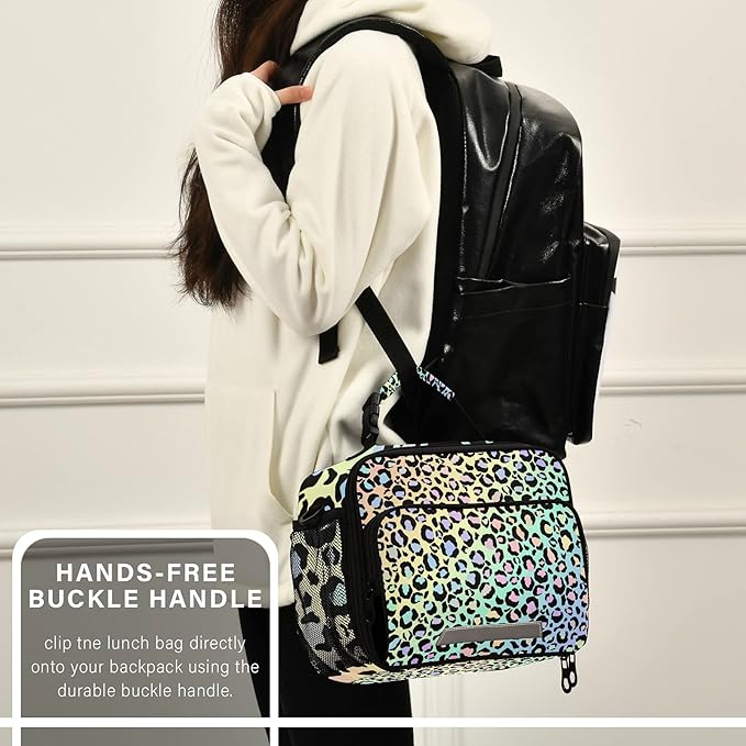 Rainbow Leopard Print Lunch Bag Insulated Lunch Box Cooler Bag Cooling Tote Food Container for Men Women Kids