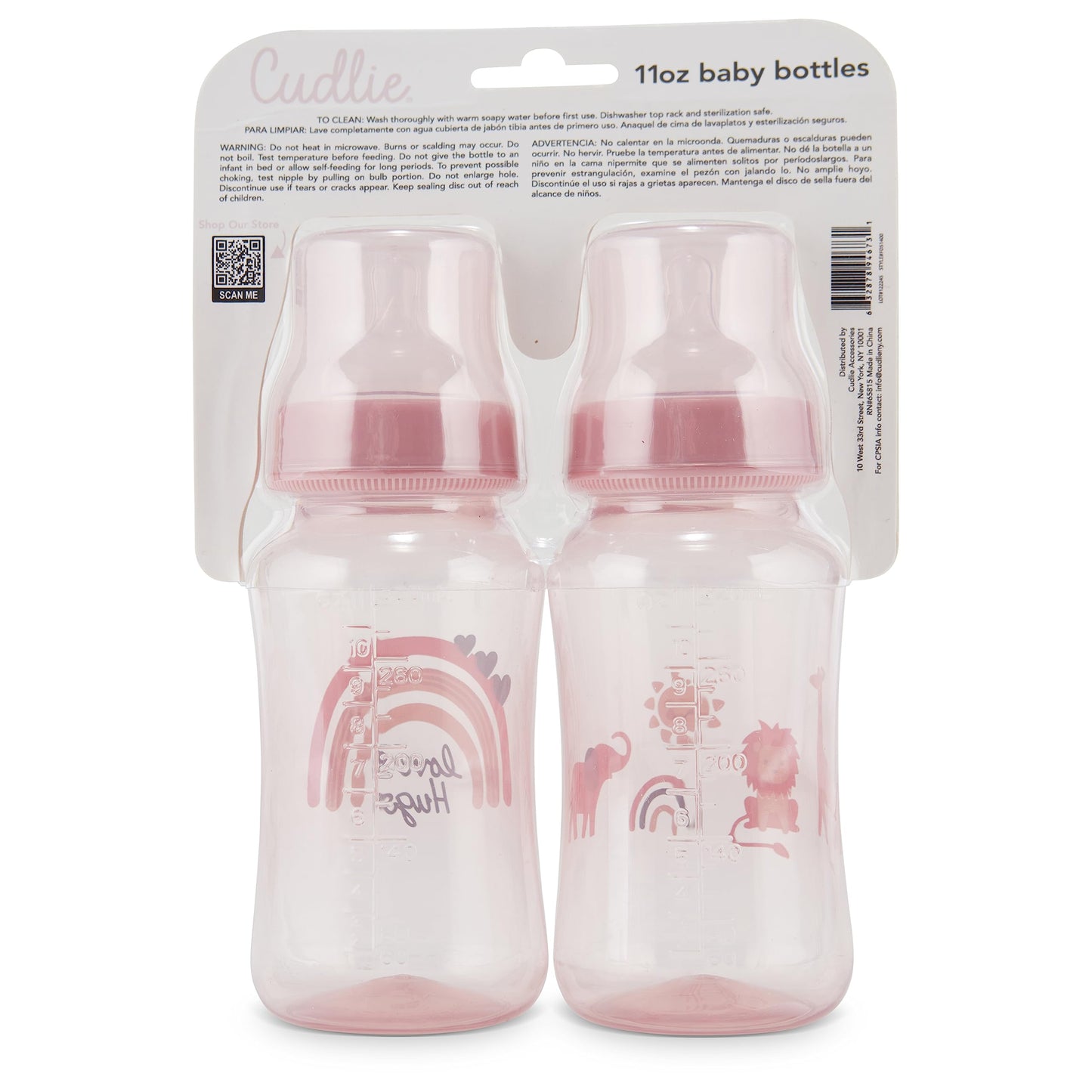 Premium 2-Pack Baby Bottles - 11 Ounce, Hourglass Shape, Fun Boys and Girls Prints, Clear Cover - BPA-Free