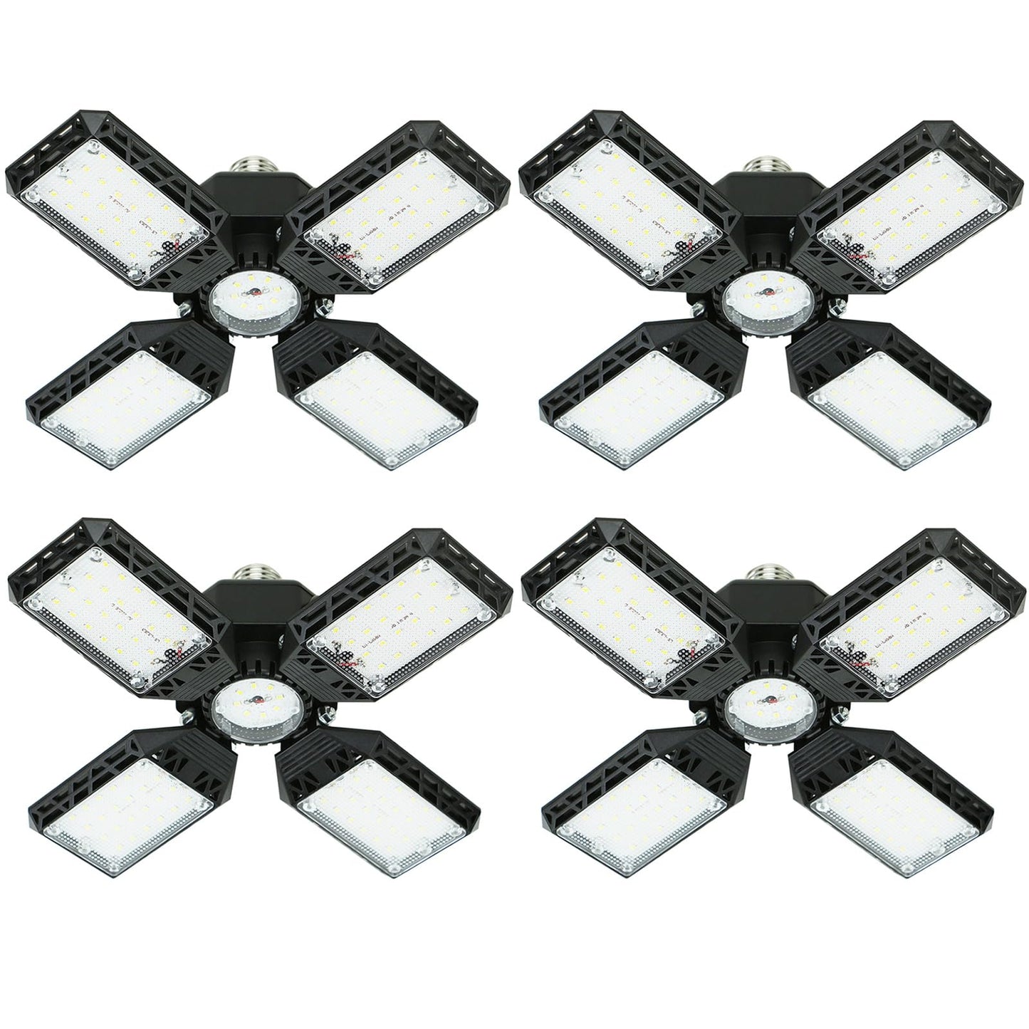 QiyuanLS 4-Pack LED Garage Light, 150W Deformable Ceiling Lights, 15000LM, E26/E27, Black, ABS+Aluminum, for Garage/Bas