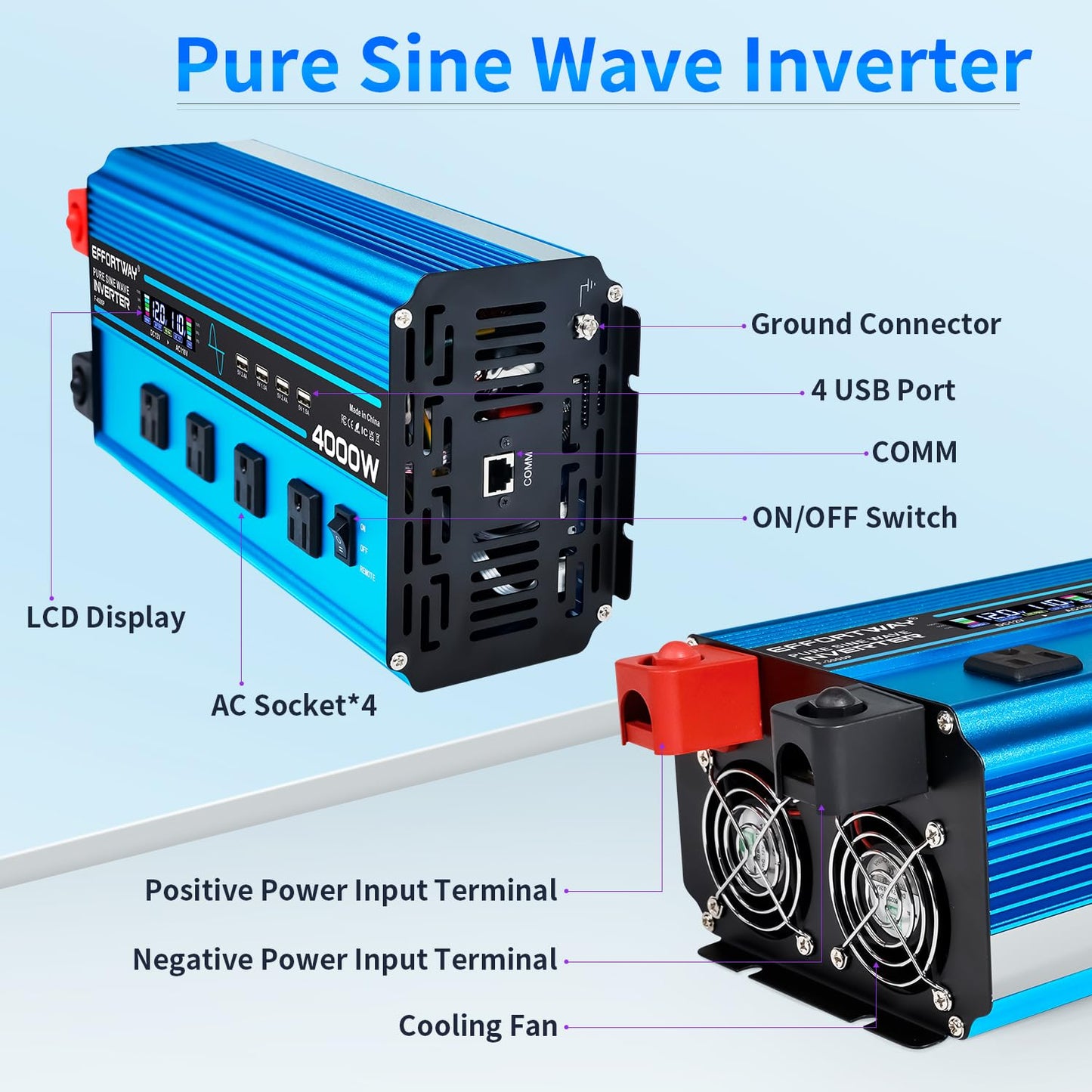 4000W Pure Sine Wave Inverter Dc 12V To Ac 110V/120V Converter, 8000W (Peak) With Lcd Display, Wireless/Wired Remote Control, 4A