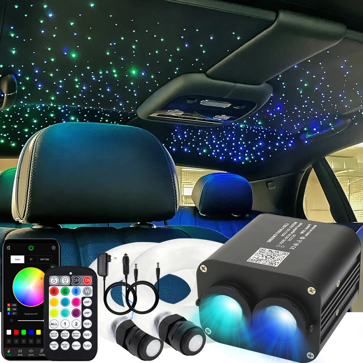 AZIMOM Dual Color Fiber Optic Starlight Kits, 600pcs 0.03in 9.8ft, Aluminum, Black, Model DUALCOLOR-888, Sound Activated,