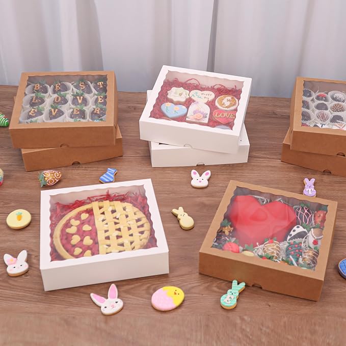 White Bakery Boxes (6pcs, 9x9x2.5 Inches) – For Valentine's & Christmas: Ideal for Cookies, Pie, Chocolate Covered Strawberries, Breakable Heart & Charcuterie