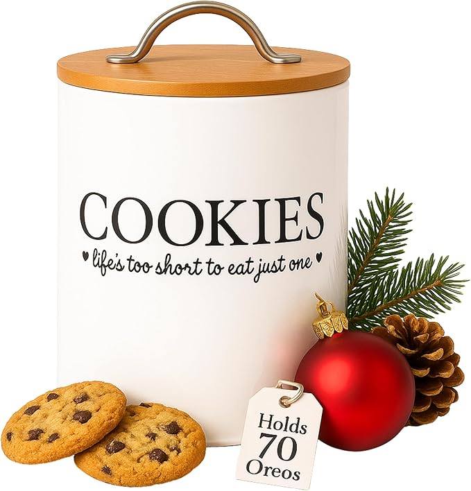 D'Lifeful Cookie Jar with Airtight Bamboo Lid – 0.6 Gallon Cute and Decorative Cookie Storage for Kitchen Countertop – Farmhouse Storage Tin for Freshness – Great Gift Idea