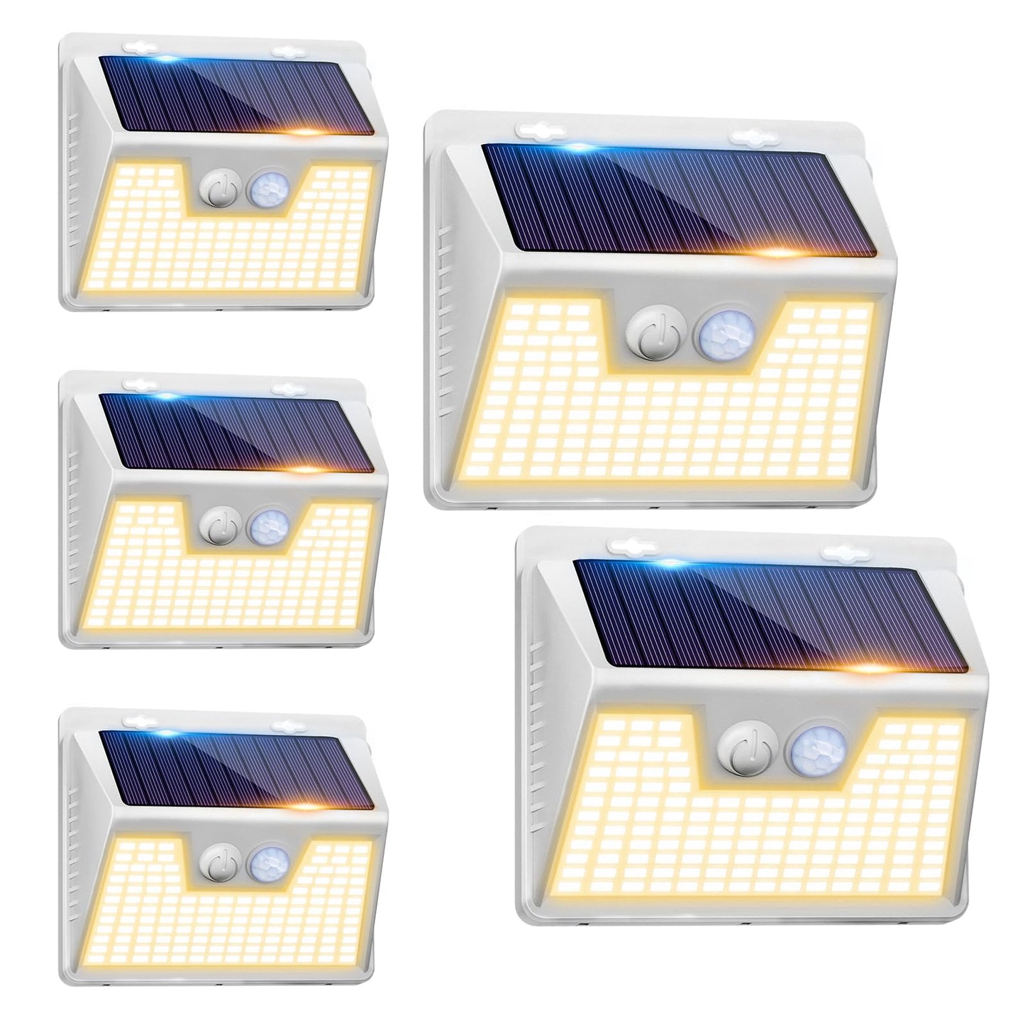 Peasur Solar Outdoor Lights, 3000K Warm Light, 140 LEDs, Waterproof, 5 Pack, White Frame, Model 66ddd9cb-d027-47ad-8f