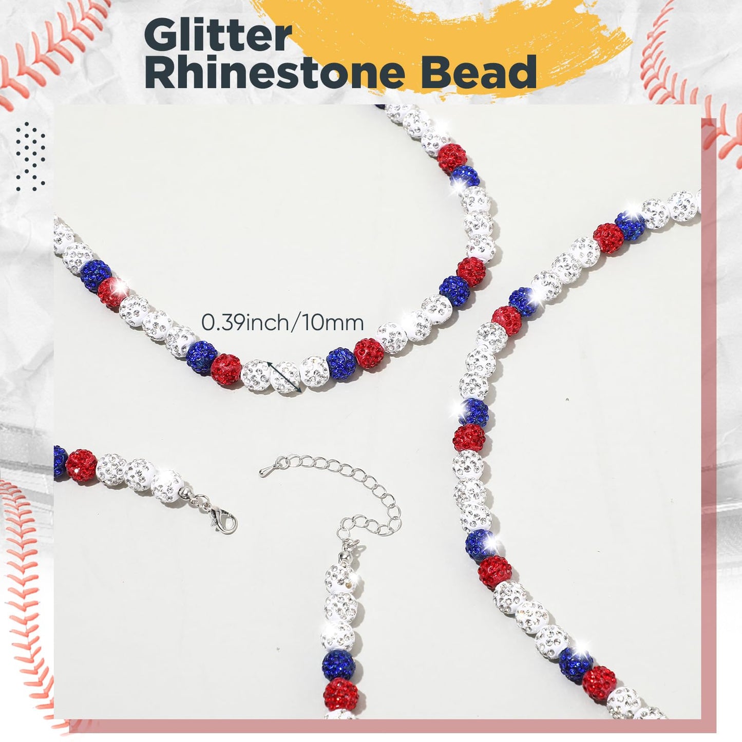 Landical 12 Pcs Bling Baseball Necklace Ice Beaded Baseball Necklace Cool Gifts Bulk for Team Players Lovers Fans(White,Red,Blue