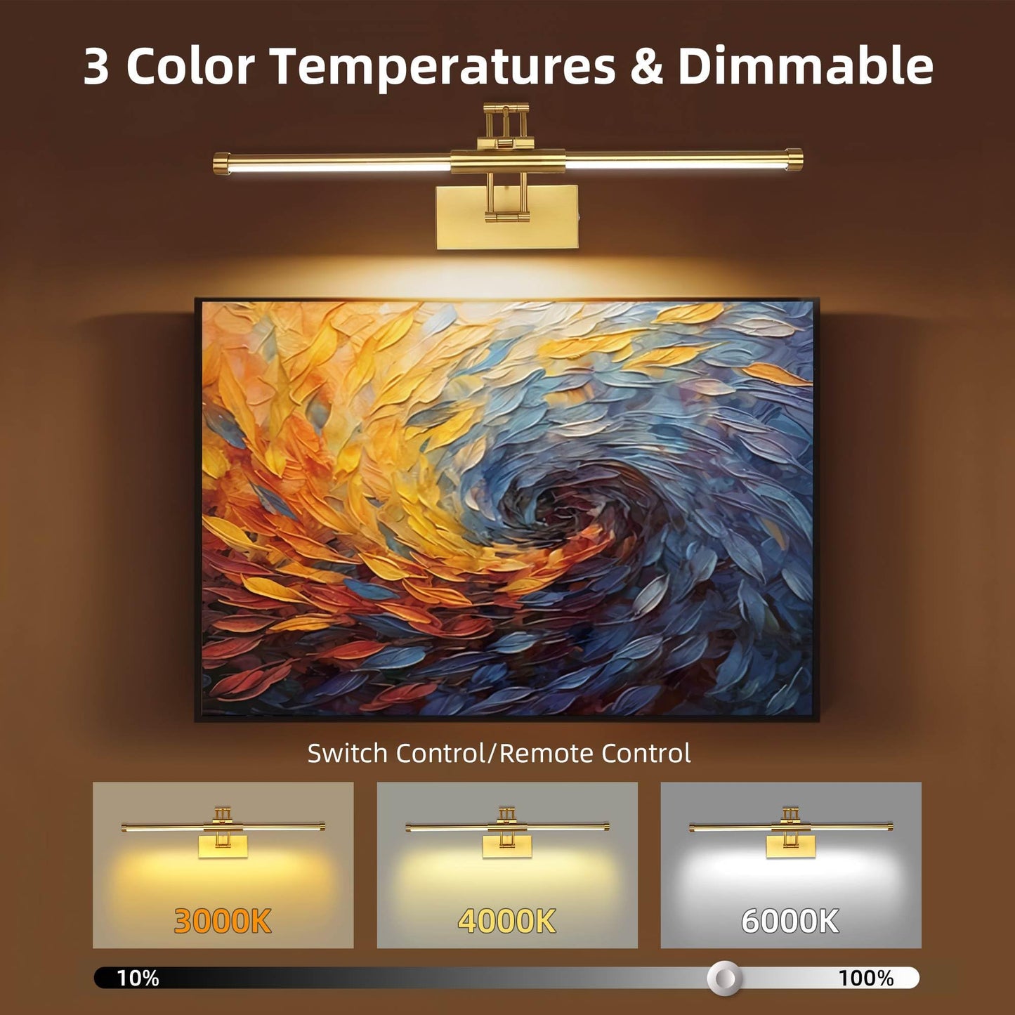 24 Picture Lights For Wall Battery Operated  Wireless Picture Lights With Remote  Rechargeable Wall Light 3000K/4000K/6000K Dimmable  Art Lighting For discomfort-reducingtings Frame Gallery Dartboard Light  Brass