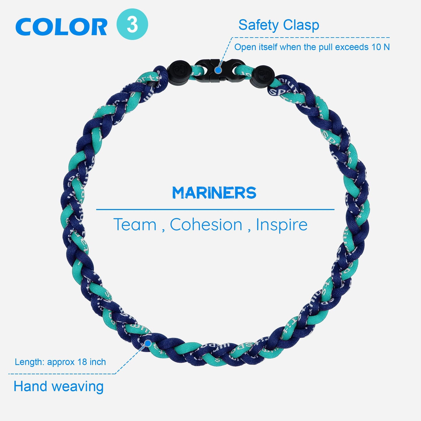 SUPBOMM 3 pcs Baseball Rope Necklaces, League Team Colors Braided Necklace, Baseball Team Gifts, Mariners