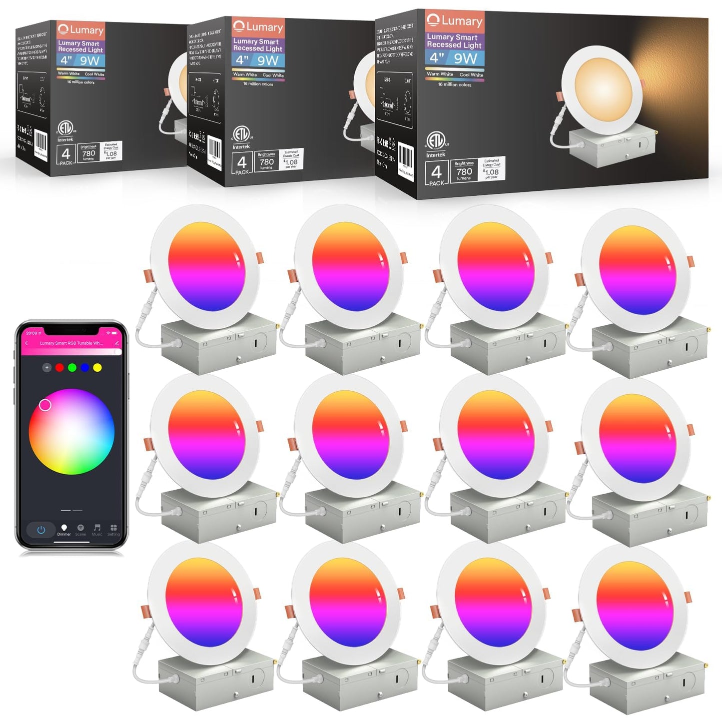 Lumary 4 Inch Ultra-Thin Smart Recessed Lighting, 9W 780LM RGBWW Smart Wafer Lights with Junction Box, Compatible with Alexa/Goo