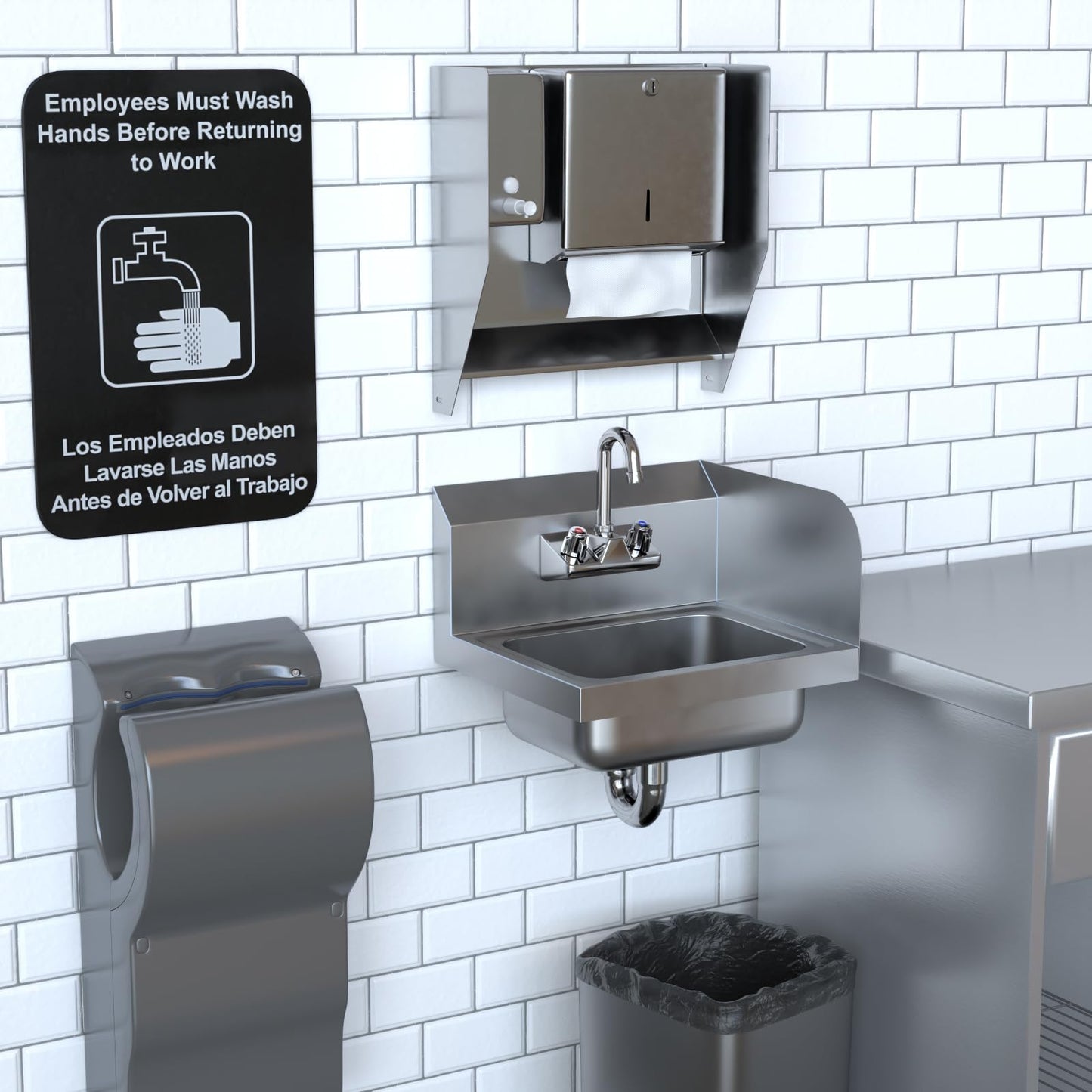 AmGood Stainless Steel Wall Mount Hand Sink with Faucet and Right Sidesplash 17" x 15" | NSF Commercial Hand Washing Basin For Restaurant, Kitchen and Home | Bowl Size: 10" x 14"