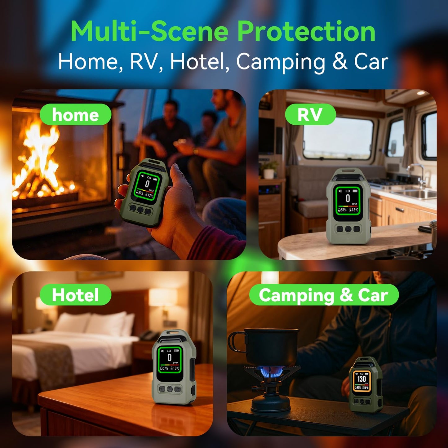 Portable 4-in-1 Carbon Monoxide Detector, Rechargeable Mini CO Alarm with Magnetic Back, 300H Standby, Temp & Humidity Sensor Air Quality Monitor for Home, Travel, Camping, RV, Car