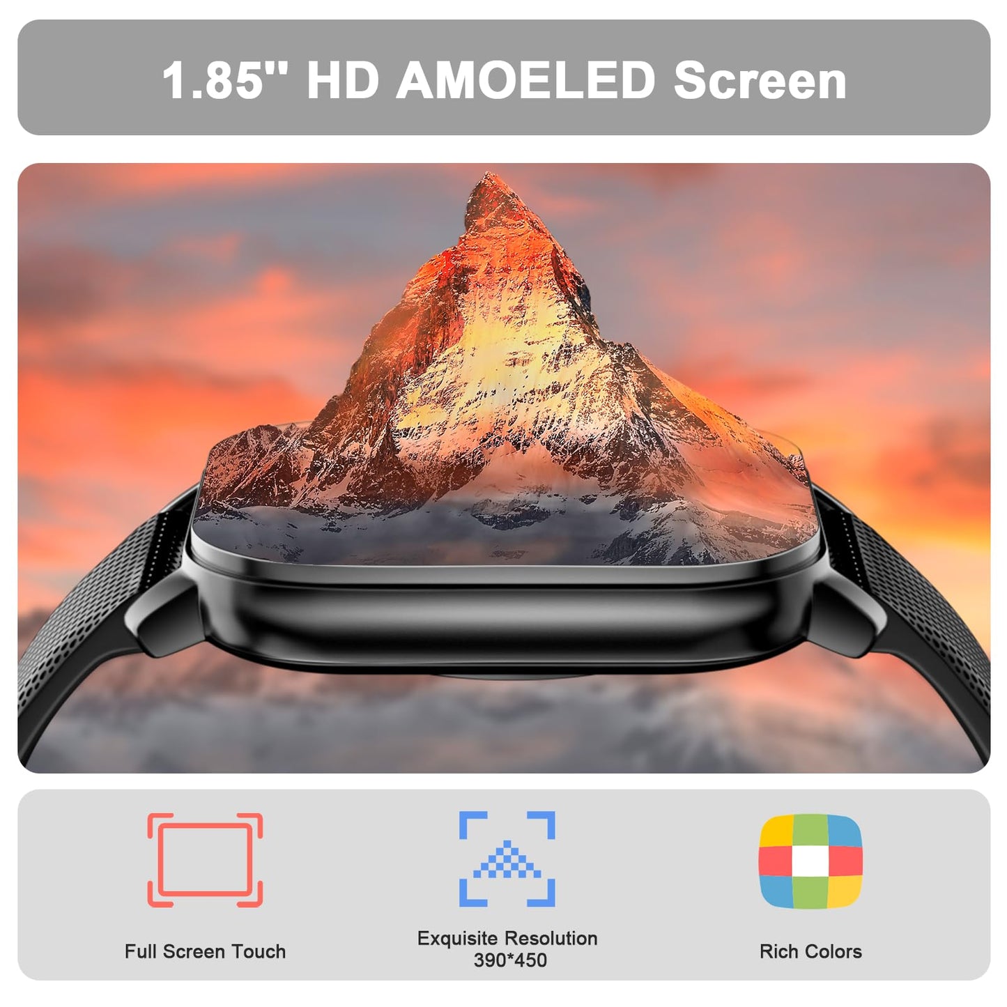 Smart Watches for Men Women, 1.85'' AMOLED HD Fitness Tracker with 100+ Sports Modes, Smartwatches with Bluetooth Call/Heart Rate/Sleep Monitor/Pedometer, IP68 Waterproof Watch for Swimming, Black