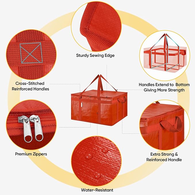 BALEINE 2Pk Insulated Reusable Grocery Bags, Collapsible Cooler Bag for Groceries, Heavy Duty Large Insulated Bag (19.5''x19.5''x11.5'', Bright Red)