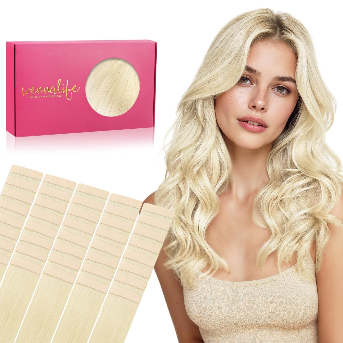 WENNALIFE Tape in Hair Extensions Human Hair, 40pcs 100g 14 inch Platinum Blonde Hair Extensions Real Human Hair Straight Tape i