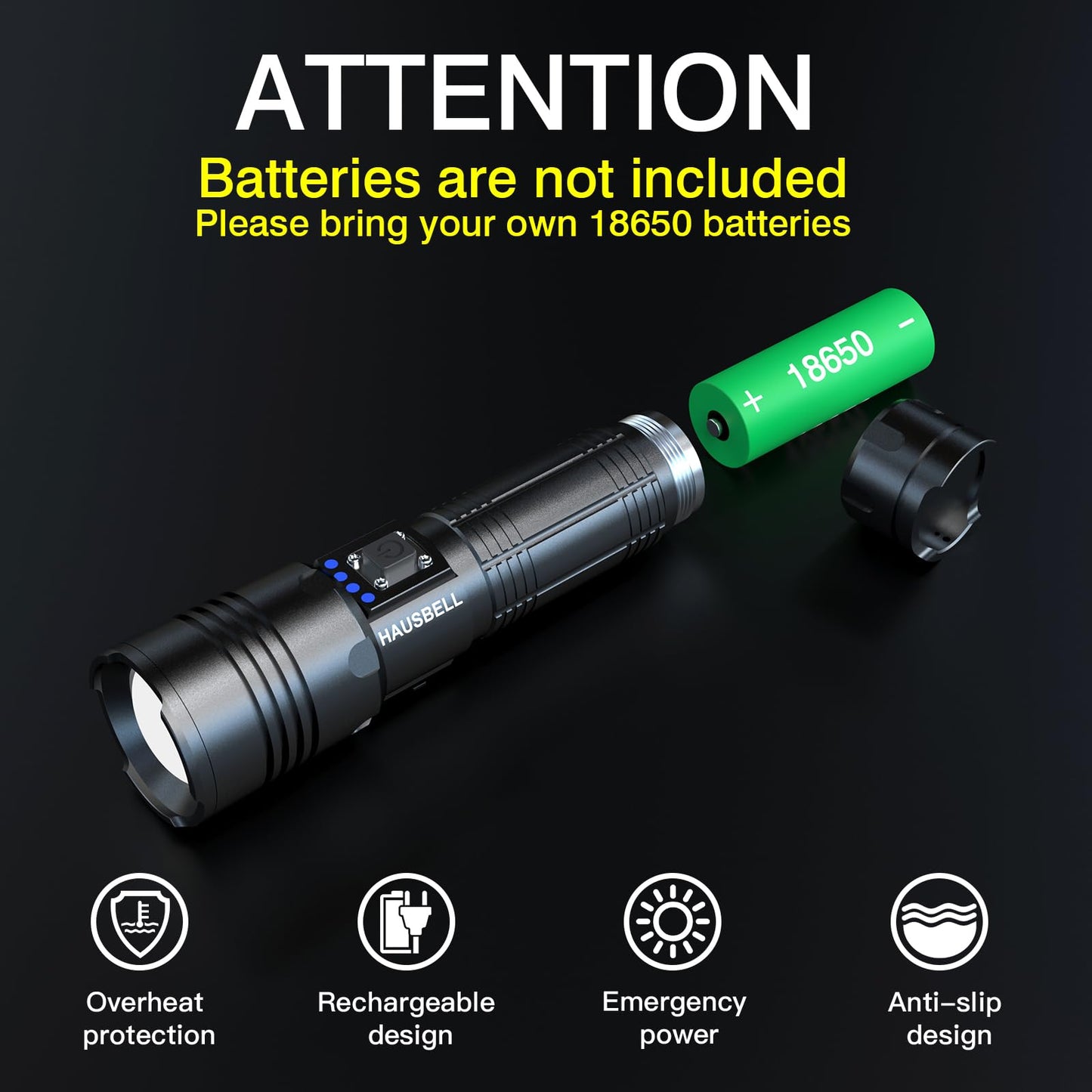HAUSBELL A100 LED Flashlight, 20000 High Lumens, Zoomable, Waterproof, Tactical, Black, A100 Model