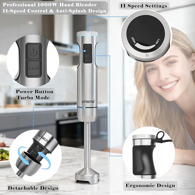 Hand Blender 11-Speed, 1000W Immersion Blender with Anti-Splash Design, Stainless Steel Blade for Blending Soup, Smoothies, Mayonnaise