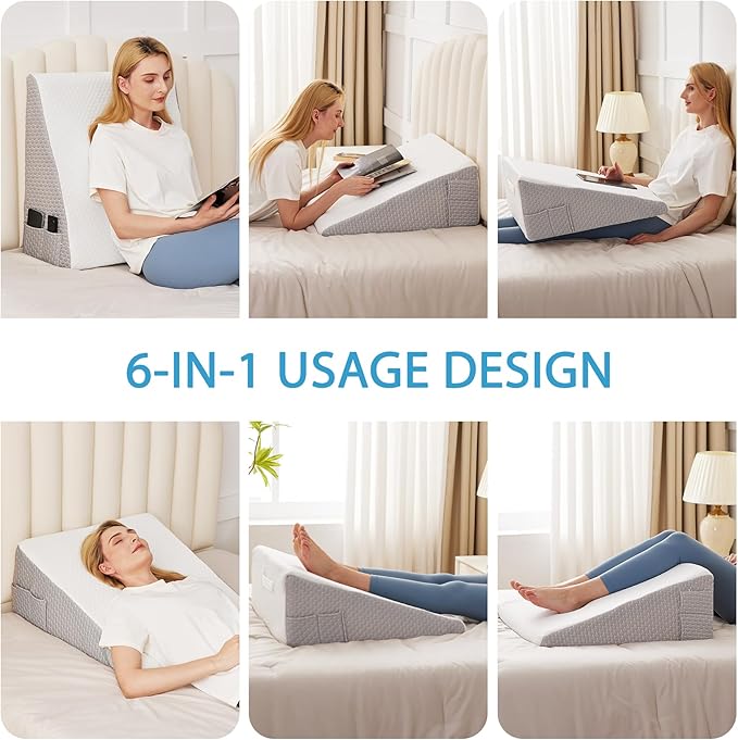 Wedge Pillow for Back Pain Relief, Bed Wedge Pillow for Sleeping, 24×24×10 Inch Memory Foam Anti Snore Pillow, Triangle Pillow Wedge for Sleeping Acid Reflux, Gerd, Elevated Pillow White/Grey