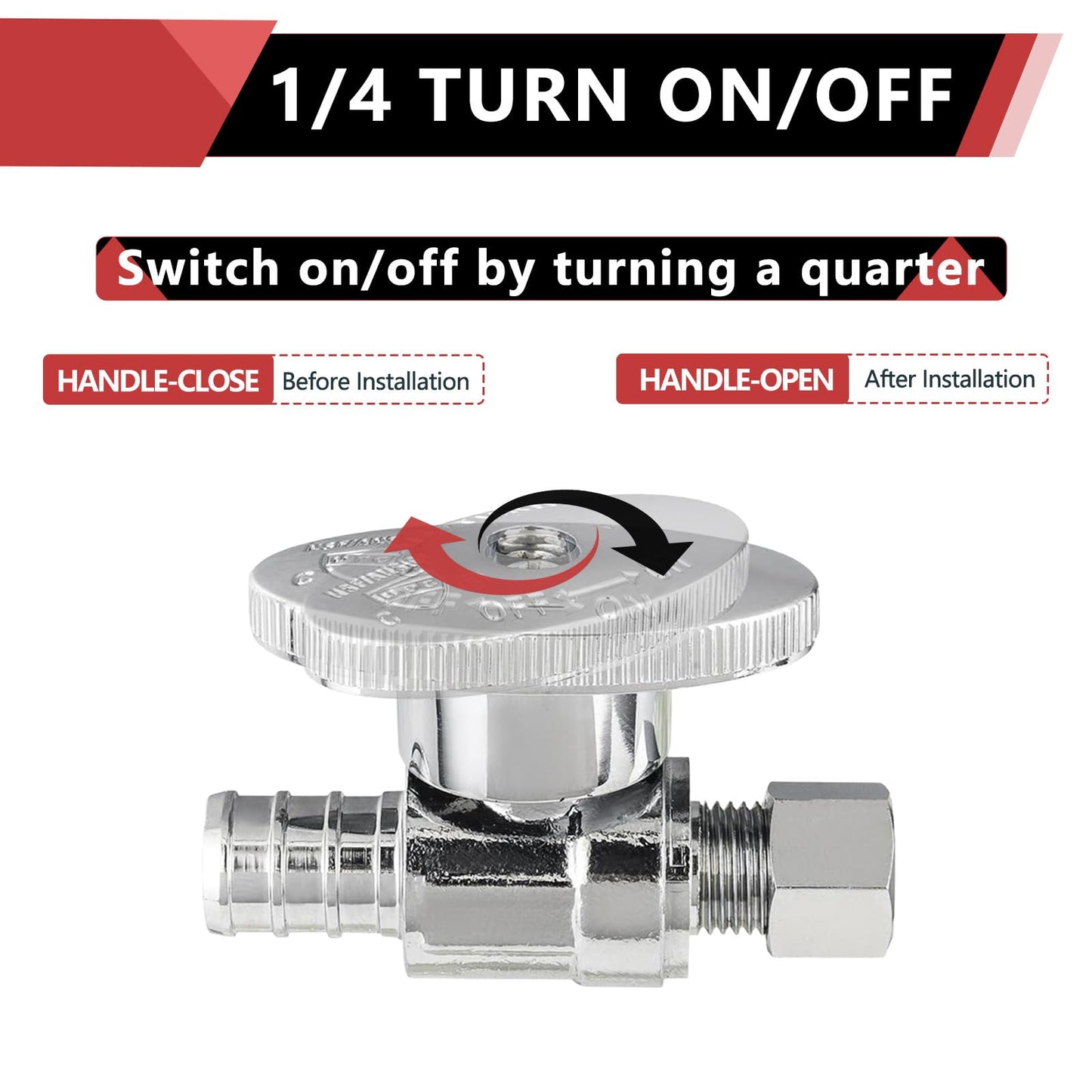 (Pack of 10) EFIELD 1/4 Turn Straight Stop Valve 3/8" OD Compression X 1/2" Crimp Barb Pex Chrome Plated Brass,(VALVE085-10PCS)