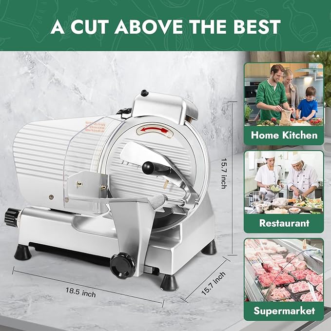 HECMAC 10 inch Commercial Meat Slicer, 150W Electric Deil Food Slicer with Removable Blade & Built-in Sharpening Stone,0.2-12mm Adjustable Thickness for Commercial and Home Use, Cut Ham, Bread, Cheese