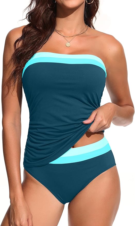 Daci Bandeau Tankini Swimsuits for Women - Two Piece Ruched Tummy Control Bathing Suit Strapless Swimwear with Bottom