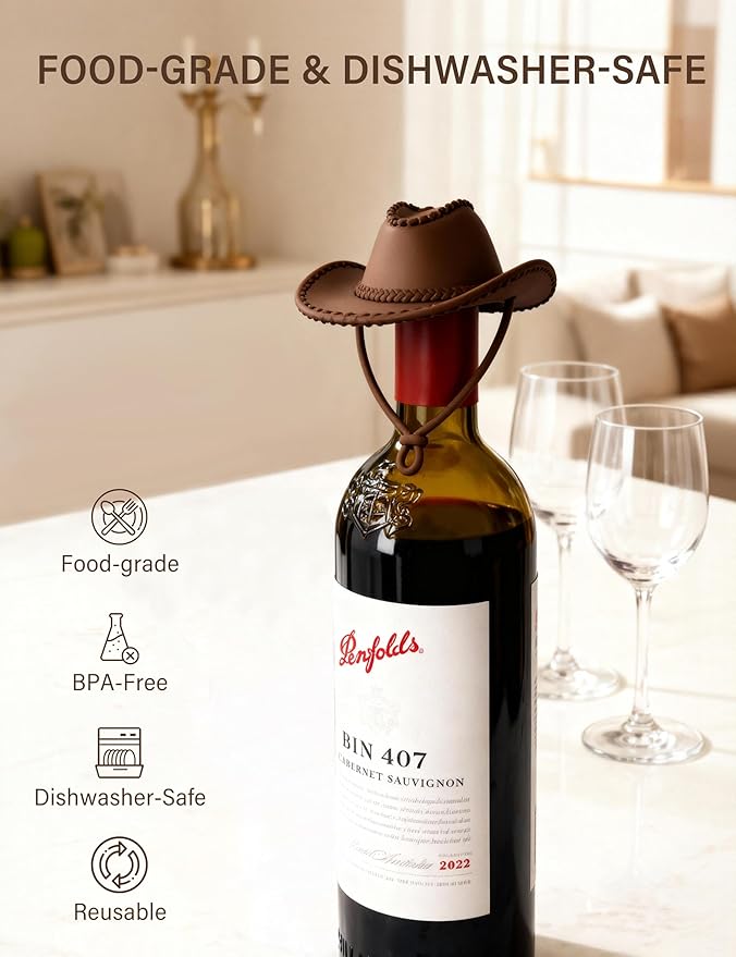 Cowboy Hat Wine Stopper, Funny Wine Gift for Wine Lovers, Wine Accessories, Silicone Bottle Stopper Keeps Wine Fresh, Stocking Stuffers White Elephant Gifts for Adults Men Women