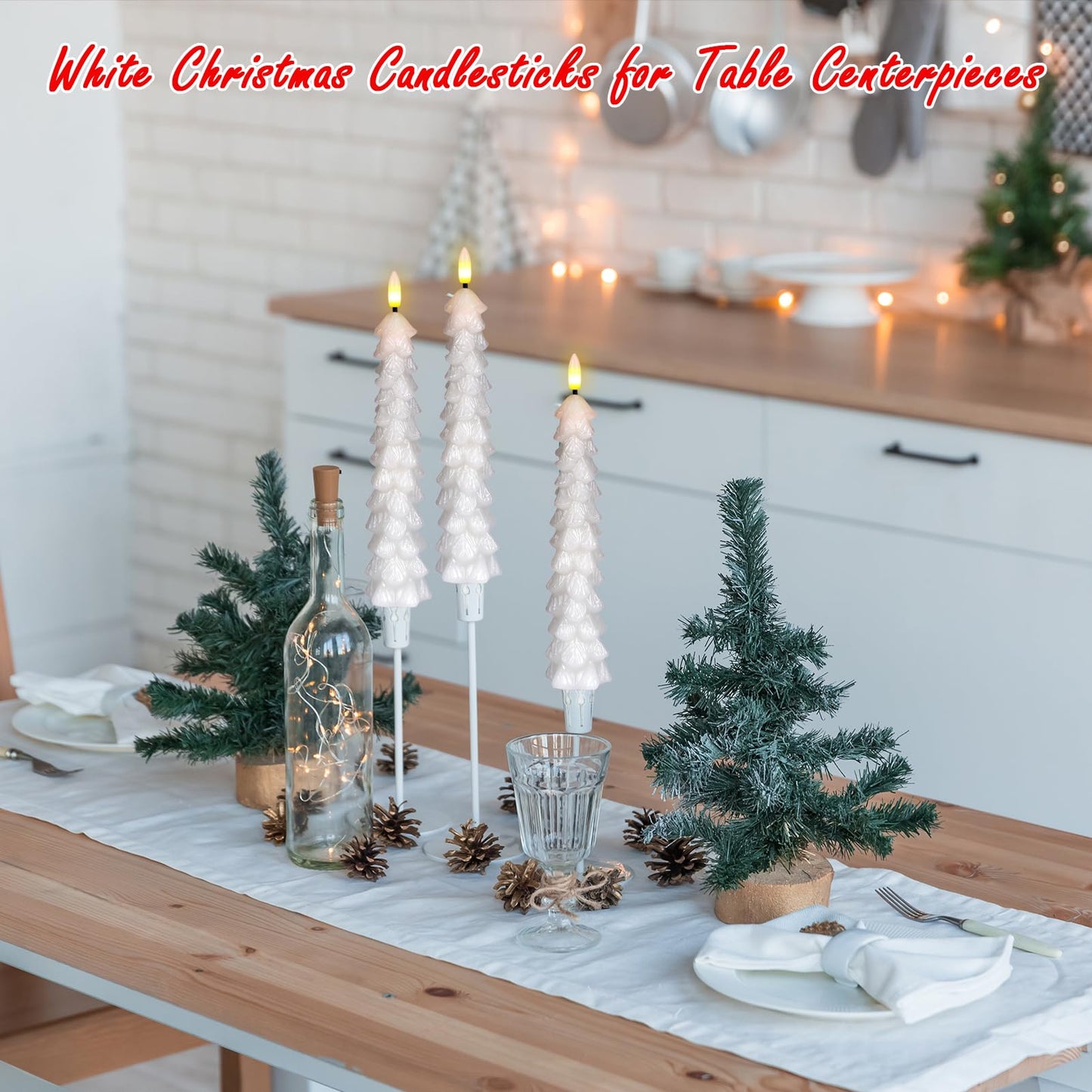 KunSwenn Christmas Tree Candles Battery Operated with Remote, Waxy White Christmas Flameless Tree Taper Candles with Flickering Flame, Set of 3 Winter LED Candlesticks for Xmas Home Decor(0.78”x9.8”)