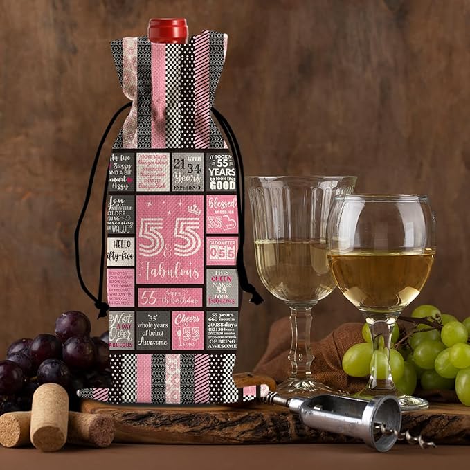 Funny 55th Birthday Gift for Women Wine Bag, 55 Year Old Birthday Gifts for Women Men Wine Bags, Happy Anniversary 55th Birthday Party Decorations for Men Women Wine Bottle Bag