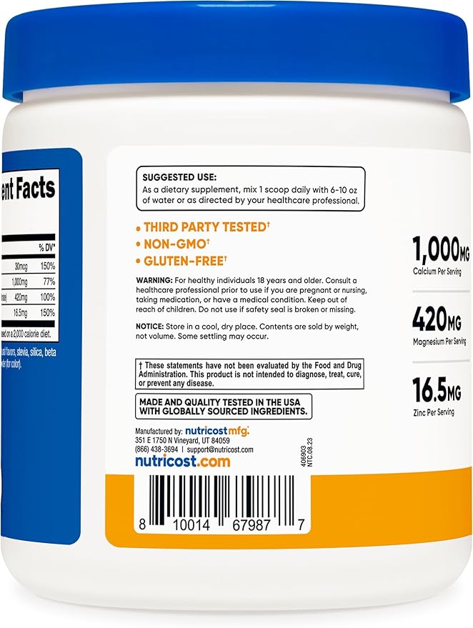 Nutricost Calcium Magnesium Zinc Citrates with Vitamin D3 Powder, 30 Servings (Peach Mango Flavor)