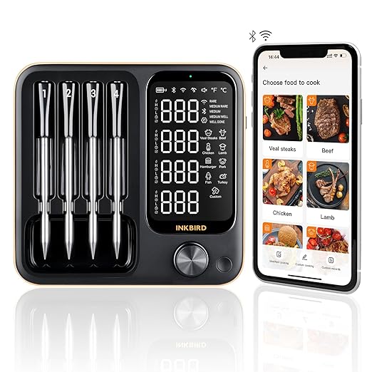 Wireless Meat Thermometer with 4 Probes, Inkbird Wifi Digital Food Thermometer for Turkey Beef Rotisserie Grill Oven,Unlimited Range Dishwasher Waterproof Bluetooth Meat Thermometer for iOS & Android