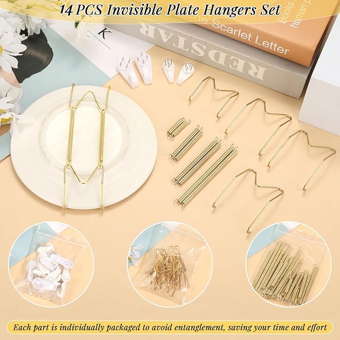 14 Pieces Plate Hangers for Wall - 6/8/10/12 Inch Invisible Plates Hanger, Stainless Steel Plate Holders with 14 Pieces Wall Hooks for 5.5 to 12.5 Inch Decorative Plates and Arts (Gold)
