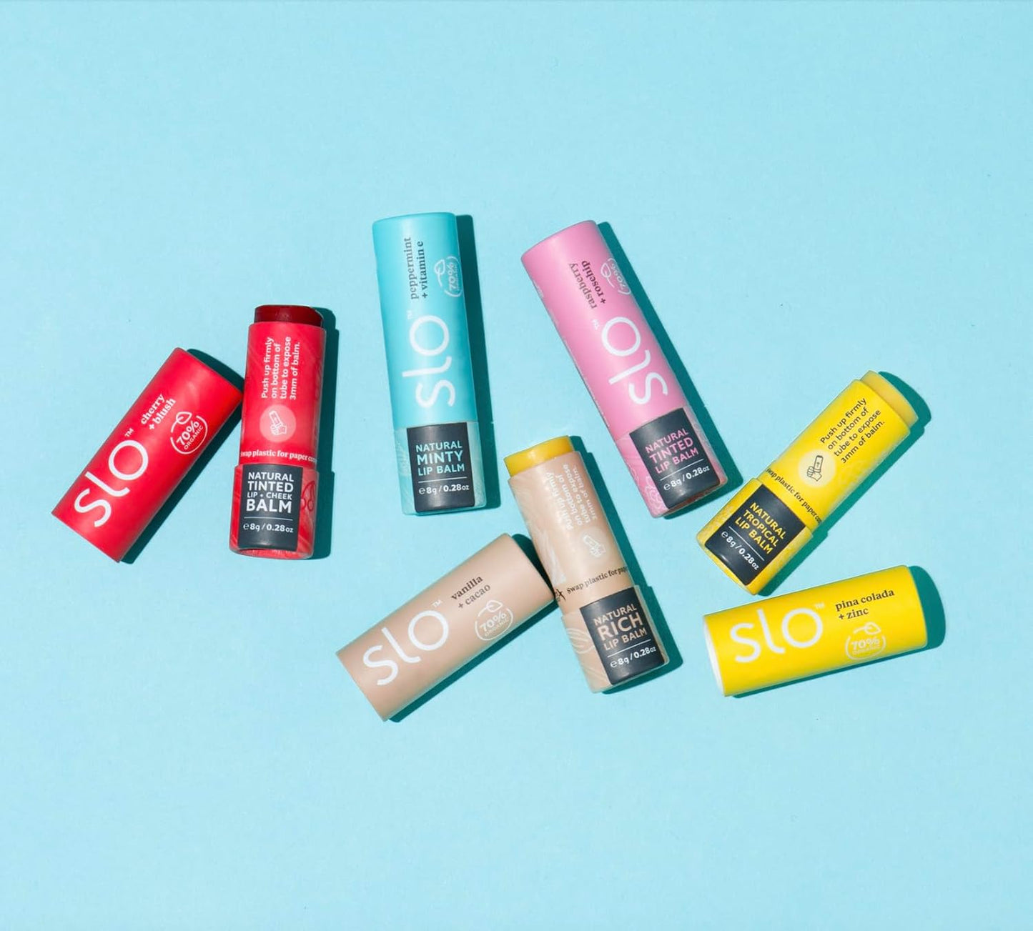 Slo | Natural Lip Balm - All Natural Ingredients, Vegan & Cruelty Free, Hydrating & Soothing, Plastic Free, Paper Packaging | Pina Colada + Zinc, 0.28oz