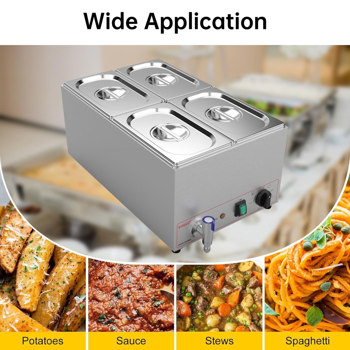 Valgus Commercial Stainless Steel 4 Sections Bain Marie Food Warmer 16 Qt Buffet Server with Lid and Tap for Home, Catering, Restaurants