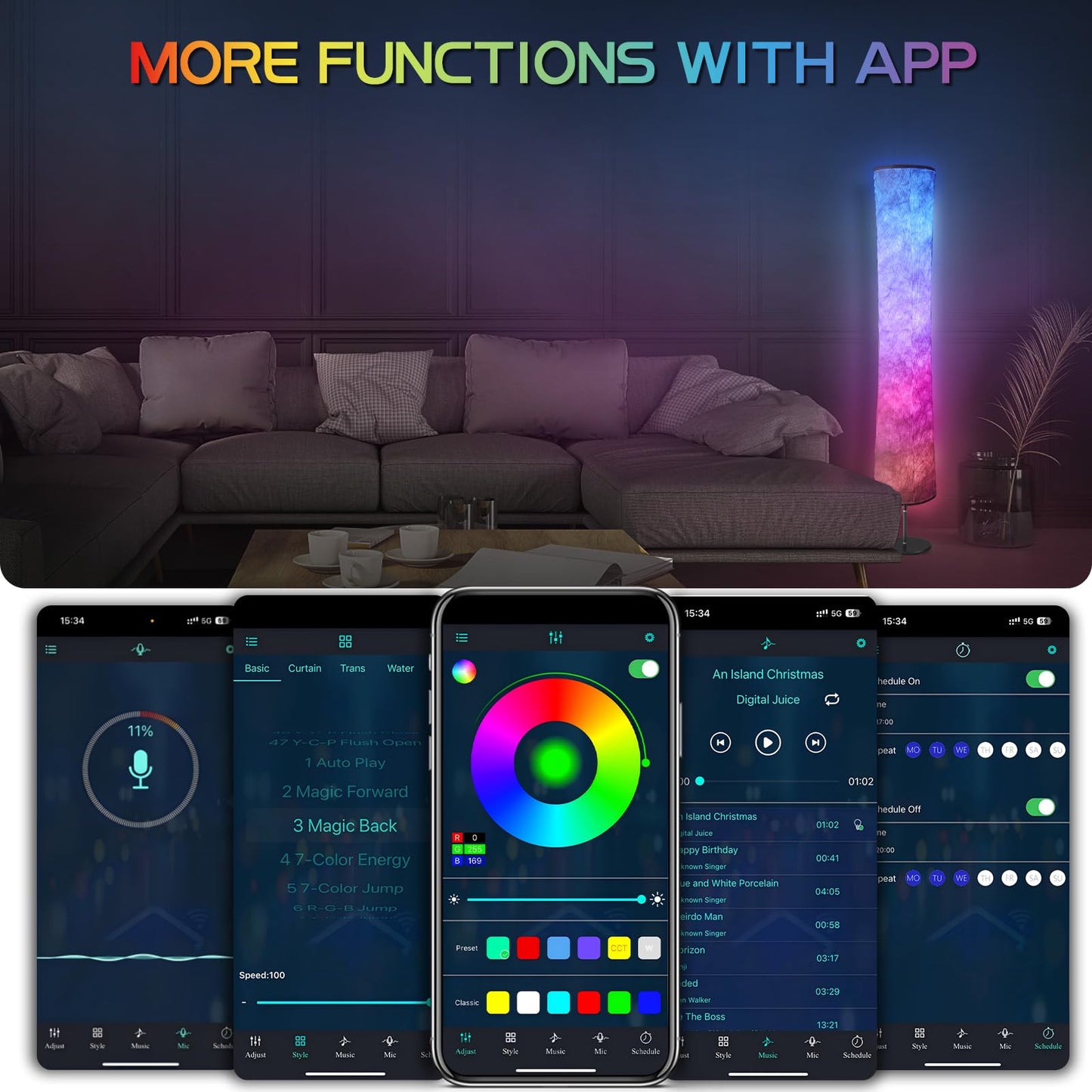 Torchlet RGB Color Changing Floor Lamp, Smart Lamp with DIY Mode, Fabric Shade, Round Design for Living Room and Bedroom