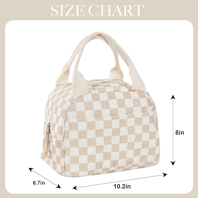 Lunch Bag for Women Checkered Insulated Lunch Box Reusable Cooler Bag Portable Cute Corduroy Leakproof Tote Bags for Travel, Work, and Picnic