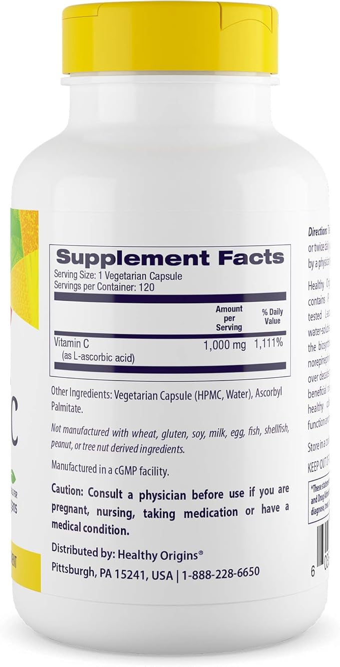 Healthy Origins Vitamin C 1,000 mg (Non-GMO Tested, High Potency, Immune Support, Vegan), 120 Veggie Caps