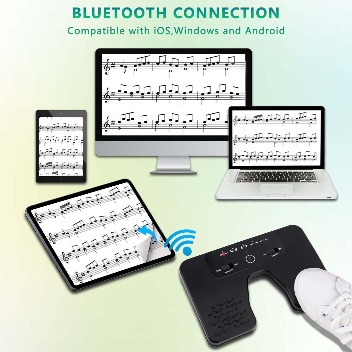 Yueyinpu Wireless Foot Pedal Double Switch Music Page Turner For Tablets Smartphones Rechargeable Anti-Skid Pad