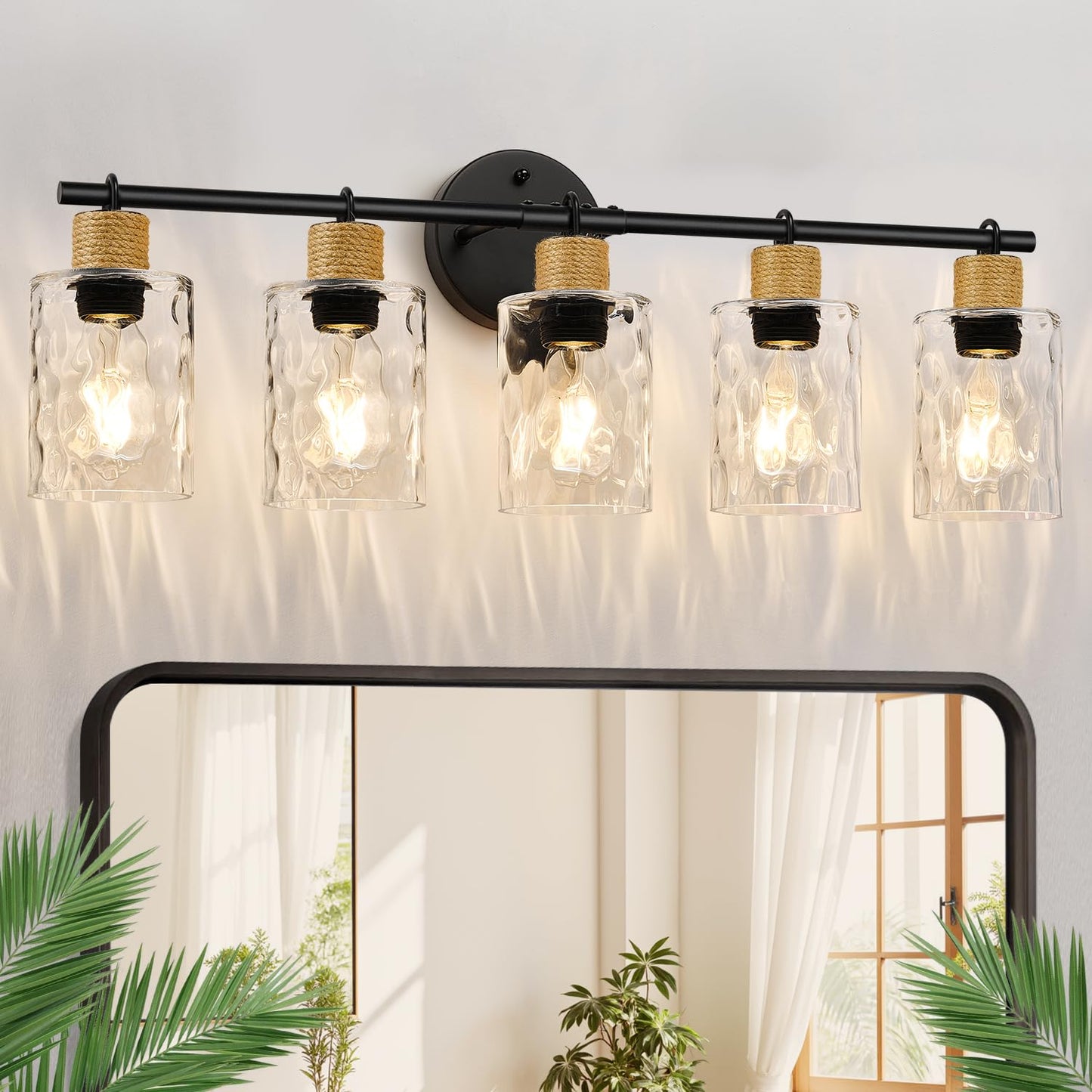 MOKATNG Bathroom Light Fixtures, 5-Light Coastal Vanity Lights with Crystal Glass Shade, Black Bathroom Wall Lamp for Mirror Kitchen Hallway Cabinet