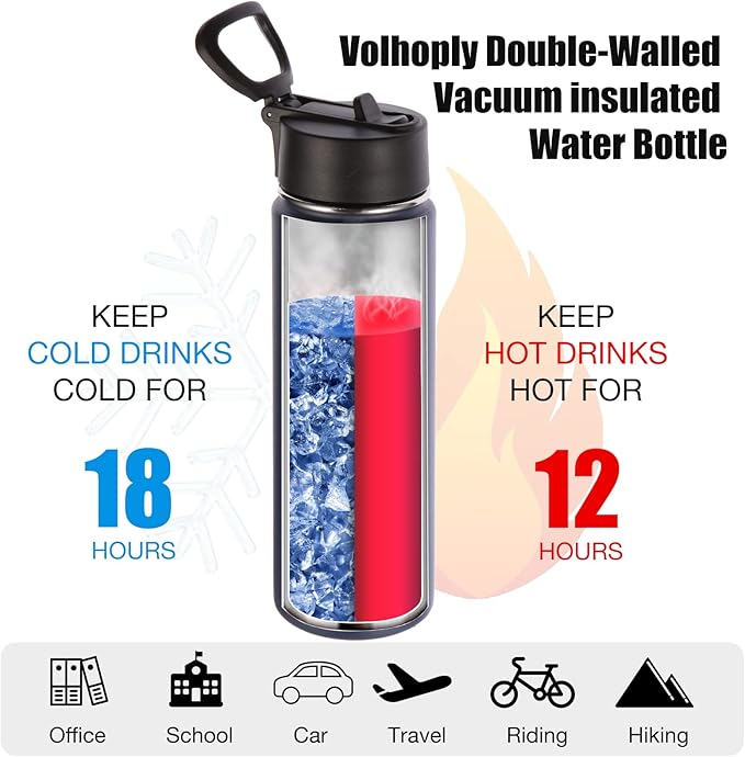 Volhoply 24oz Insulated Water Bottle With Straw Bulk 8 Pack,Metal Wide Mouth Water Bottles With Handle Lid Keep Cold,Reusable Double Wall Thermos,Powder Coated Sport Bottle For Holder(Navy,8 Count)