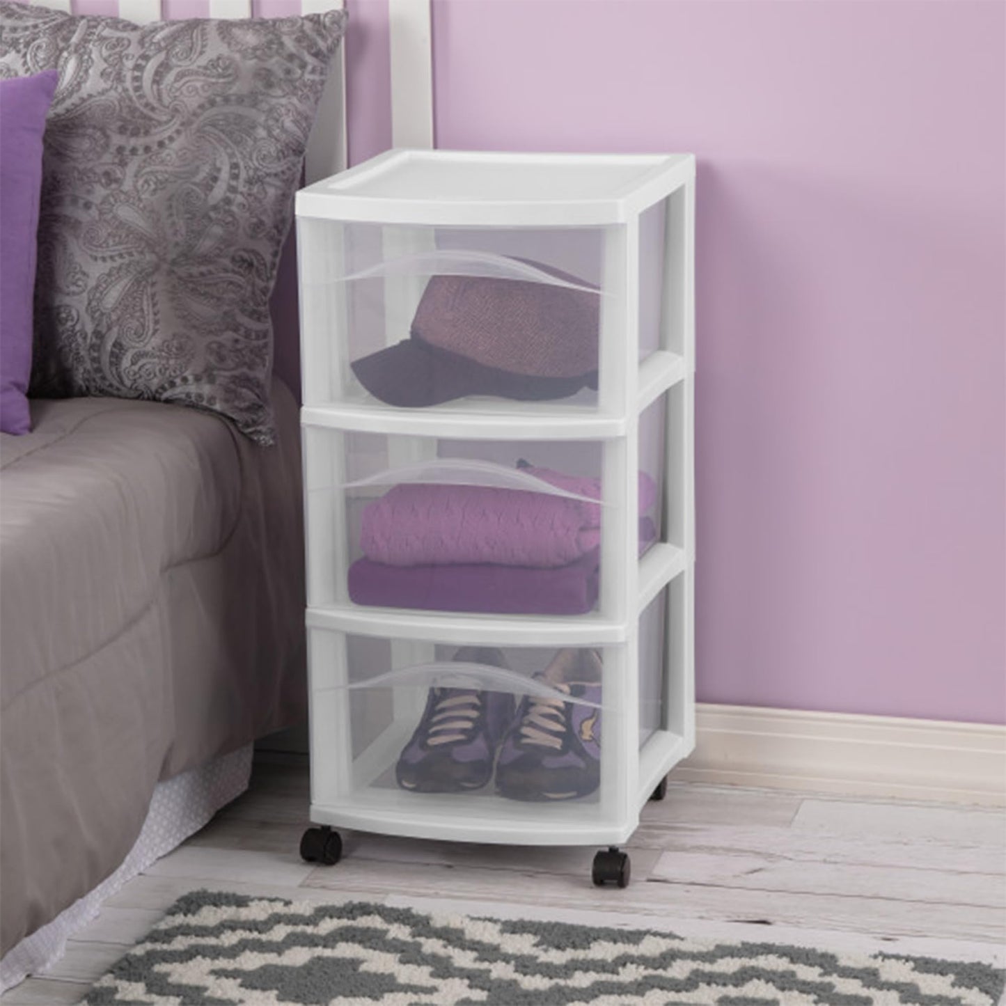 Sterilite 6 Pack 3 Drawer Storage Cart, Plastic Medium Organizer with Wheels, White - Multipurpose Bin for Crafts, Accessories, or Office Supplies