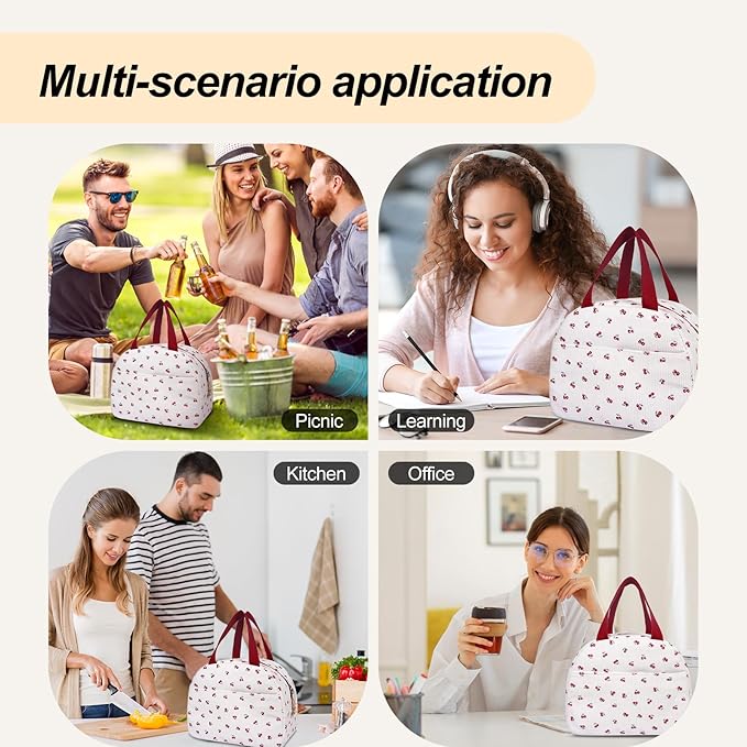 Lunch Box for Women,Cute Quilted Lunch Tote Bag,Reusable Insulated Lunch Box,Large Capacity Cooler Bag with Compartments for Work, Picnics or Travelling