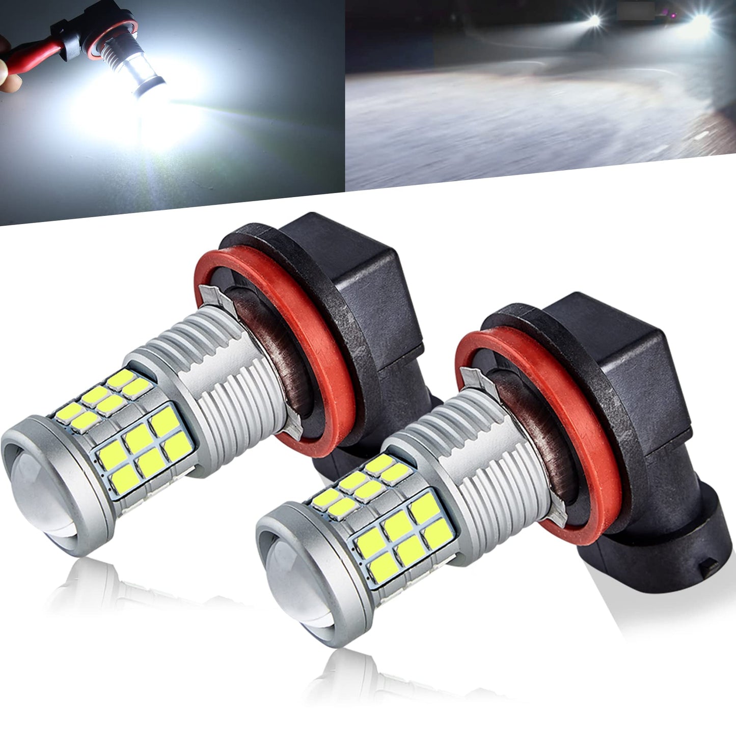 KISLED LED Fog Lights Bulbs, 3000lm, H8/H11, Aluminum, 6000K Xenon White, High Power 3030 Chips, Projector Lens