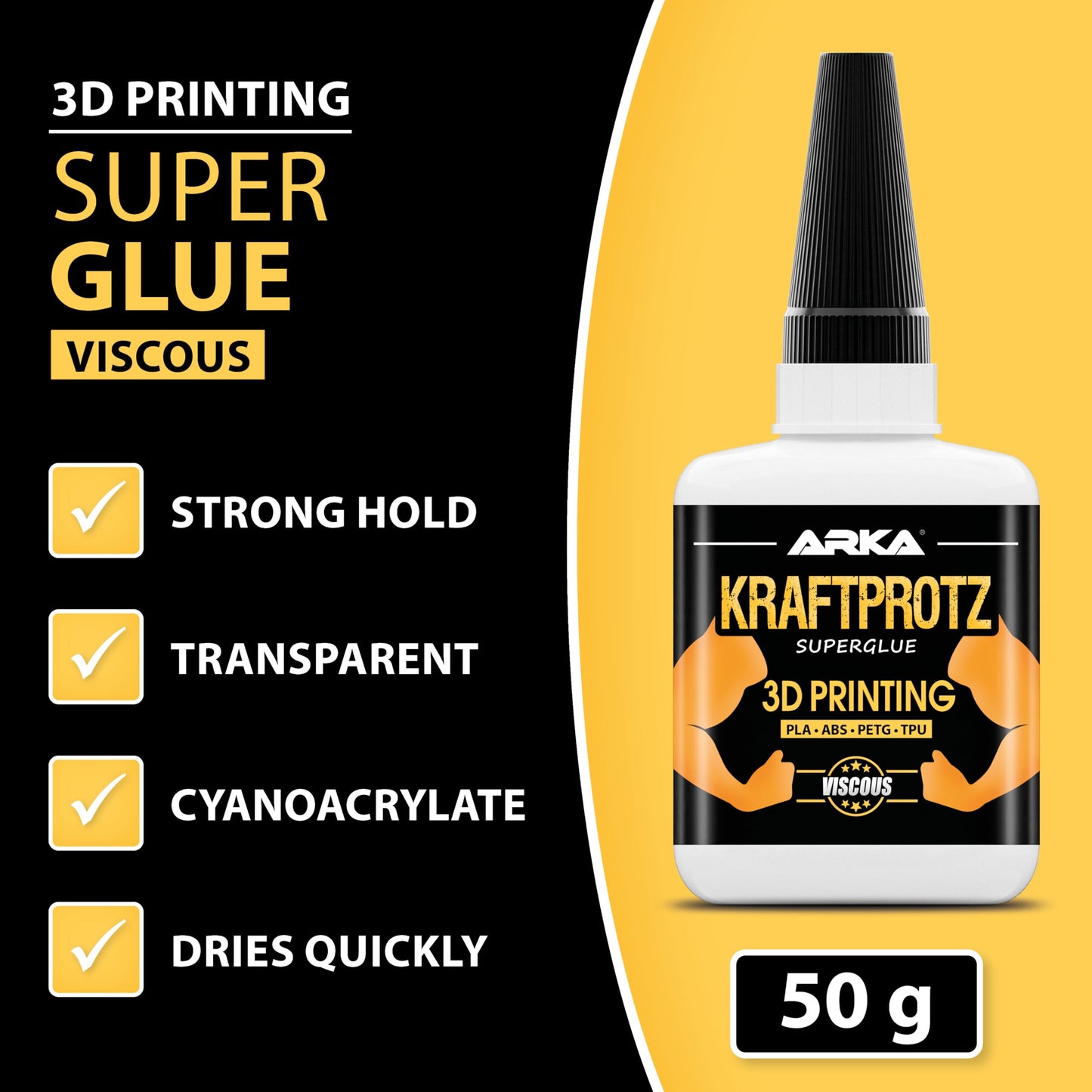 3D Printer Superglue Gel for PLA, ABS, PETG, TPU & Nylon – 1.76 oz XXL – No-Drip, Extra Strong & Waterproof – Precision Tip for Repairs, Supports & Vertical Surfaces – KRAFTPROTZ