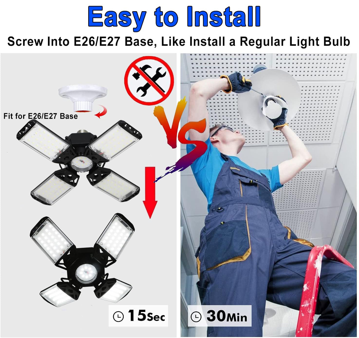Meiqils 150W LED Garage Light 2-Pack, 15000 Lumen, 4+1 Adjustable Panels, 6500K Daylight, Black, Acrylonitrile Butad