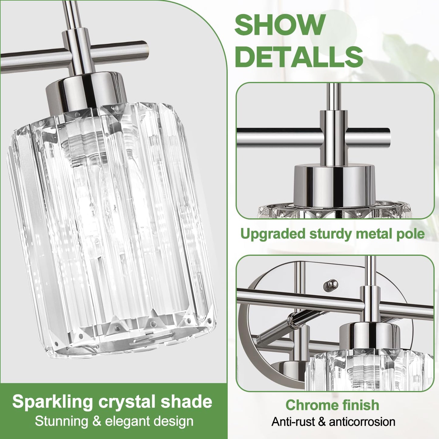 Meybiok Modern Crystal Bathroom Vanity Light, 3-Light Chrome Vanity Light with Clear K9 Crystal Shades, Bathroom Light Fixtures Over Mirror (Bulbs Not Included)