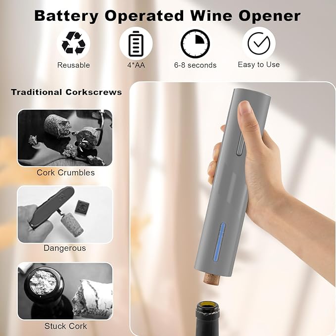 COKUNST Electric Wine Opener, Automatic Operation Corkscrew, Battery Operated Wine Bottle Opener with Foil Cutter, Wine Gift for Wedding Kitchen Party Home, Grey