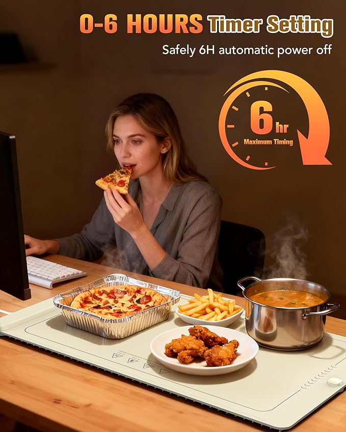 Potahouse® Warming Mat for Food, Graphene Full-Surface Fast Heating, Electric Warming Tray with 6 Temp & Timer Settings, Rollable & Portable Silicone Food Warmer for Parties, Home and Travel, Apricot