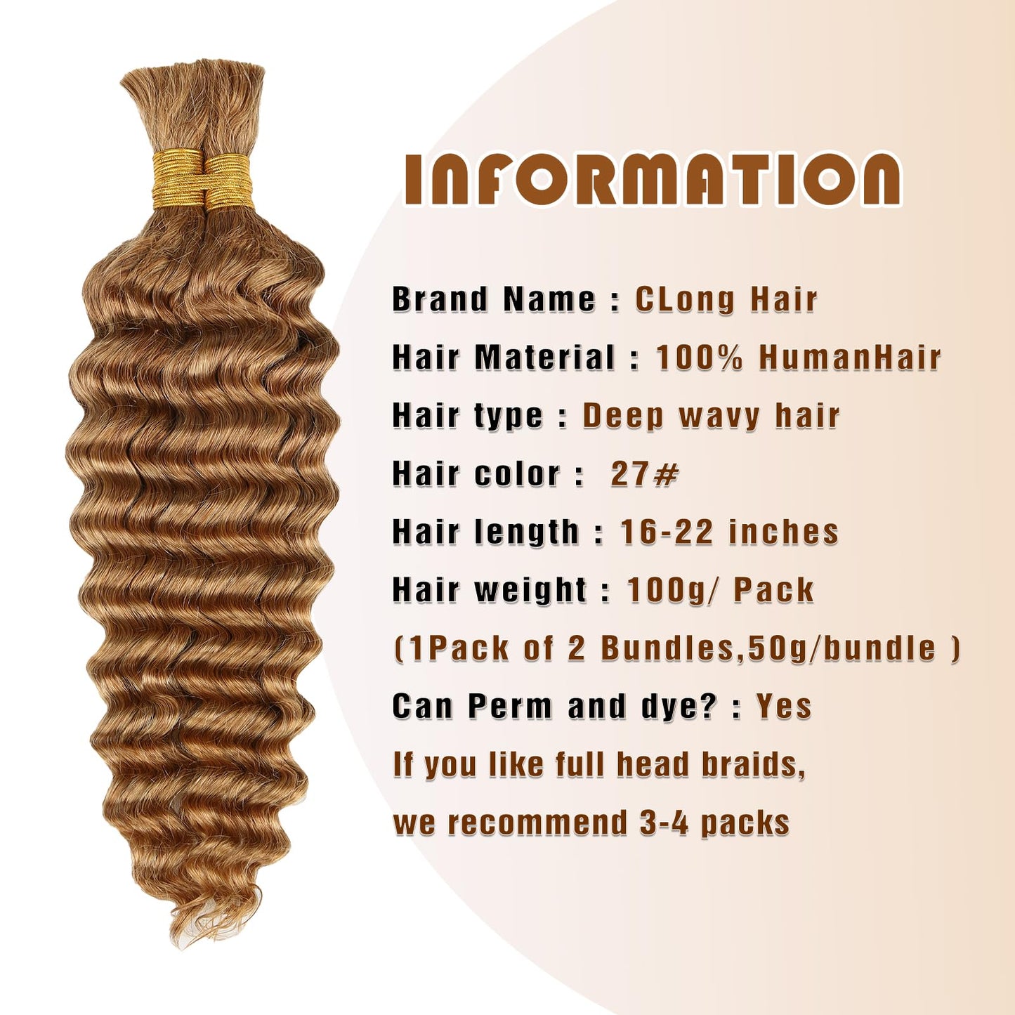 Honey Human Braiding Hair Deep Wave Bulk,27# Color No Weft Curly Braiding Hair Extensions for Boho Braids Wet and Wavy Braiding